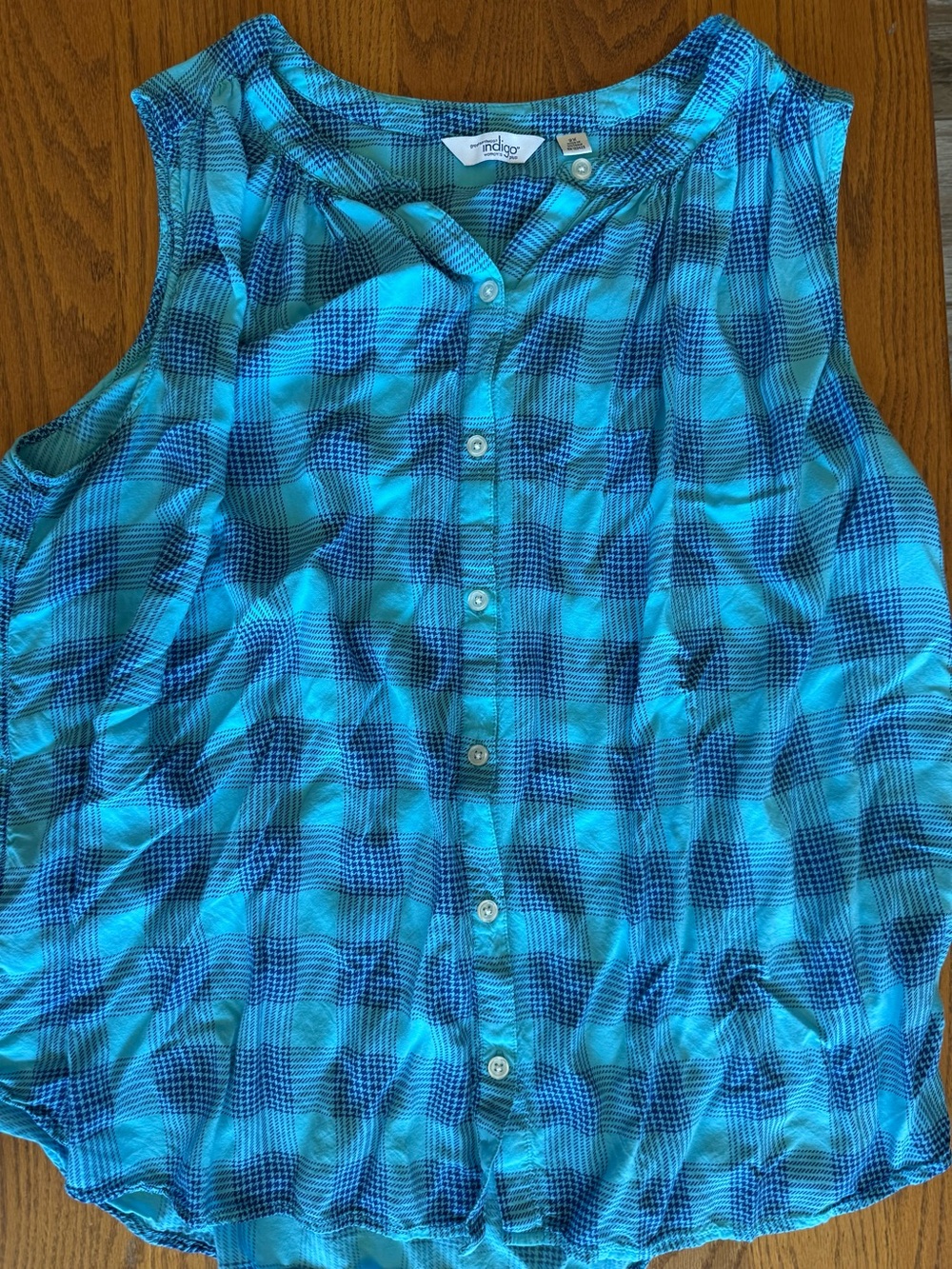 Indigo Plaid Sleeveless Button Top - Turquoise & Navy